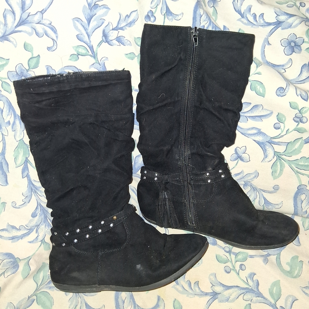 Black Girls' Mid-Calf Tassel Boots with Studded Strap